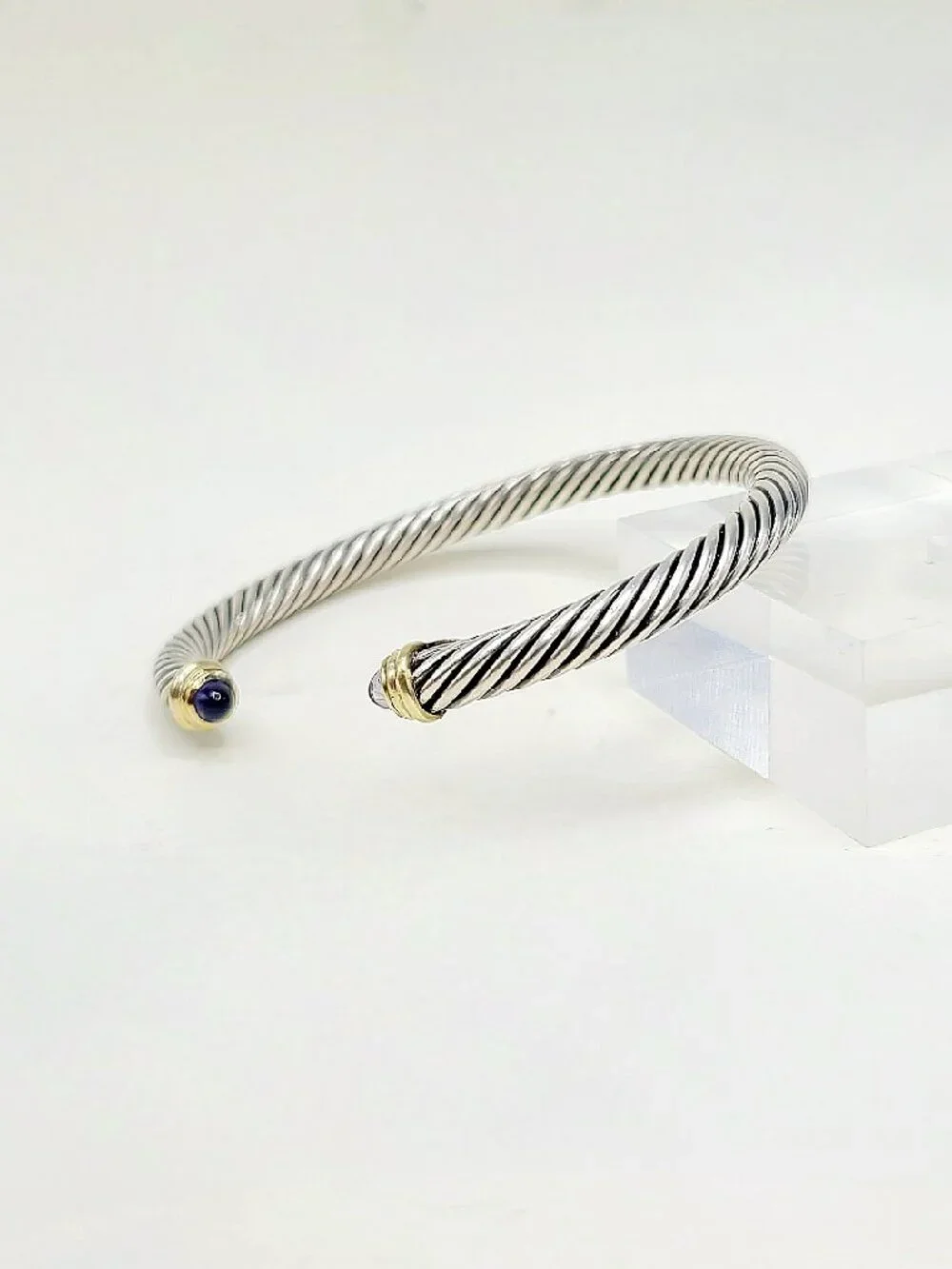 David Yurman Cable Cuff Bracelet w/ Iolite & 14K Yellow Gold - 5mm - Size Medium